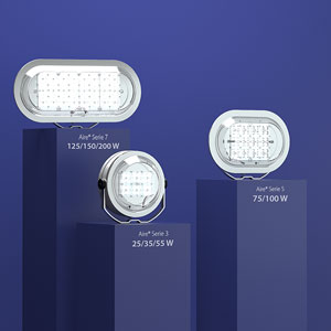 El nuevo proyector LED se presenta en tres versiones con distintas potencias: Serie 3 (25/35/55 W), Serie 5 (75/100 W) y Serie 7 (125/150/200 W).